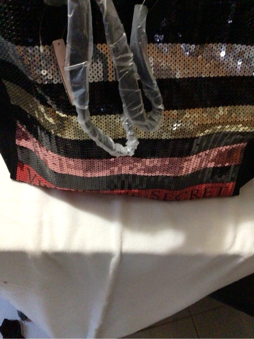 Victoria's Secret Sequin Stripe Tote - Black, Gold, Pink, Red